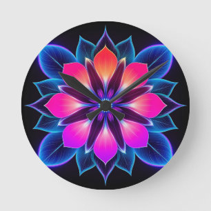Neonblume mit blauen Lichtmustern Runde Wanduhr