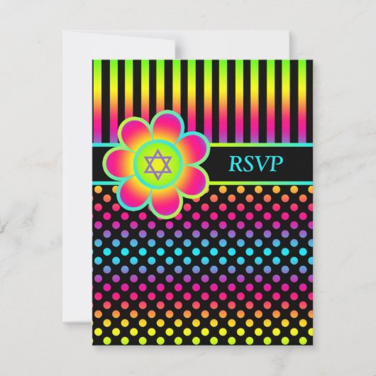 Neonblumenstreifen, Polka-Punkt-Schläger Mitzvah Einladung (Vorderseite)