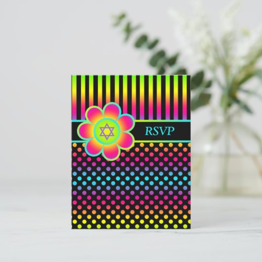 Neonblumenstreifen, Polka-Punkt-Schläger Mitzvah Einladung (Stehend Vorderseite)