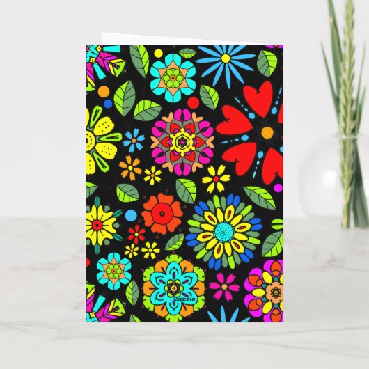 Neonfarben auf schwarzem Retro-Flora Nahtloses Mus Karte (Rückseite)