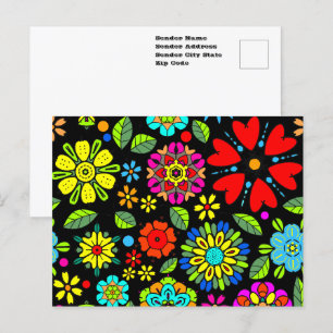 Neonfarben auf schwarzem Retro-Flora Nahtloses Mus Postkarte