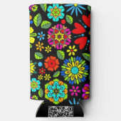 Neonfarben auf schwarzem Retro-Flora Nahtloses Mus Selters Dosenkühler (Rückseite)