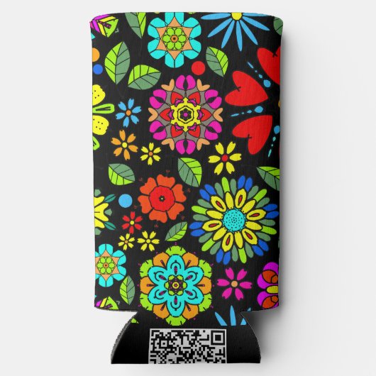 Neonfarben auf schwarzem Retro-Flora Nahtloses Mus Selters Dosenkühler (Rückseite)