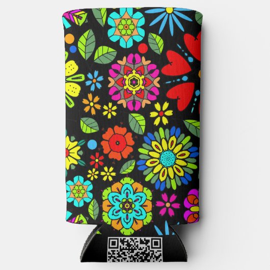 Neonfarben auf schwarzem Retro-Flora Nahtloses Mus Selters Dosenkühler (Vorderseite)