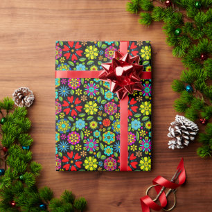 Neonfarben auf schwarzem retro floralem nahtlosem geschenkpapier