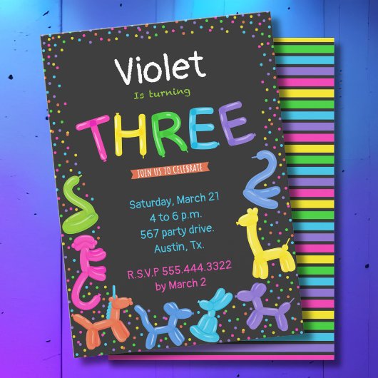 Neonfarben Tierballons 3. Geburtstag Einladung