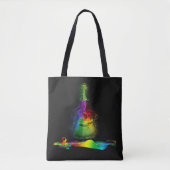 Neonfarbgitarre und -Musiknote auf schwarzer Tasche (Vorderseite)
