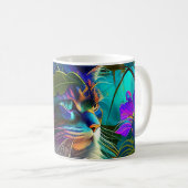 Neonfarbige Katze in tropischen Blume KI Kunst Kaffeetasse (VorderseiteRechts)