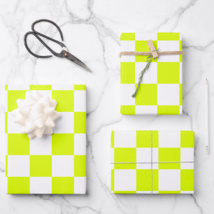 Neongelbe Schachbrett Vintag Geschenkpapier Set