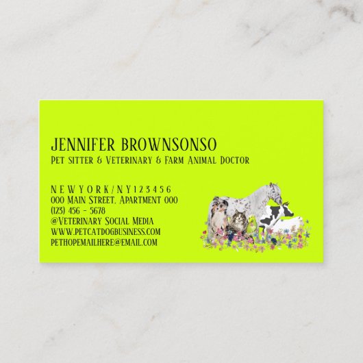 Neongrüne Pferdekuh Schafhund Katze Bird Tier Haus Visitenkarte (Rückseite)