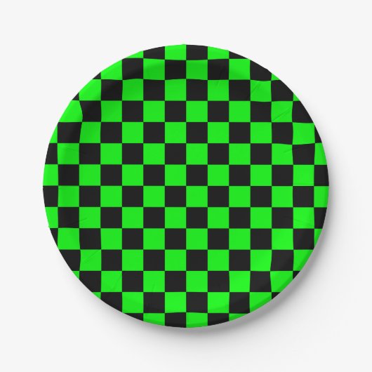 Neongrüne schwarze Schachbretter Pappteller (Vorderseite)