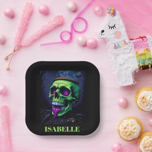 Neongrüner Spuk Schädel, gotischer Halbabend Pappteller (Party)