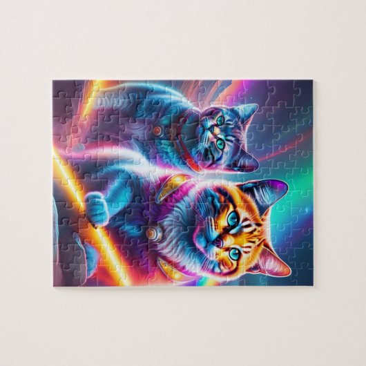 Neonkatzen mit Lasern, Regenbogenfarben Katzen Puzzle (Horizontal)