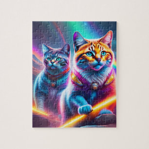 Neonkatzen mit Lasern Regenbogenfarben Katzen Puzzle