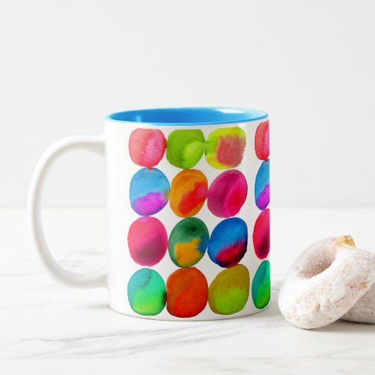 Neonkreismuster im Wasserfarben abstrakte Kunstfar Zweifarbige Tasse (Mit Donut)
