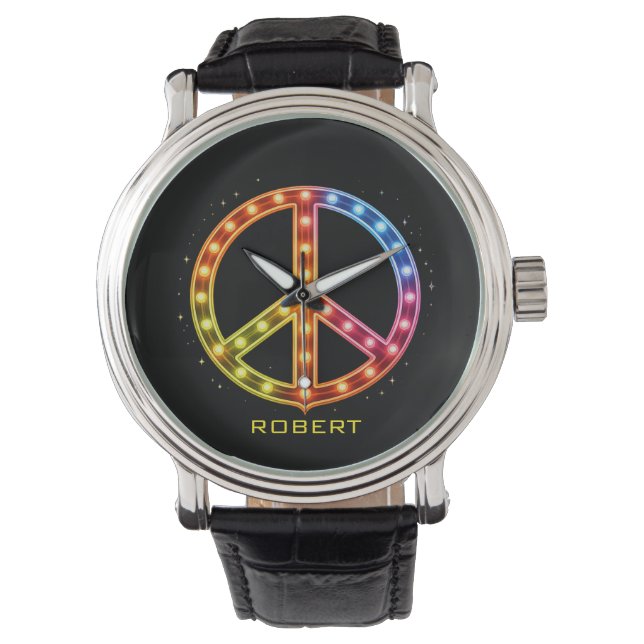 Neonlicht Friedenszeichen Unisex Armbanduhr (Vorderseite)