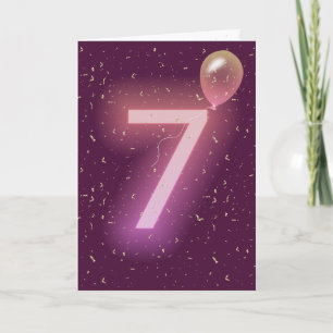 Neonlicht-Schild und Ballon zum 7. Geburtstag Karte