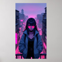 Neonpinkes Cyberpunk-Mädchen-Stadtporträt