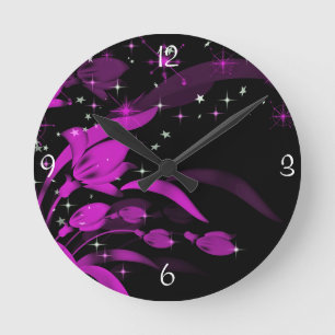 Neonrosa Blume, schwarze Wall Uhr