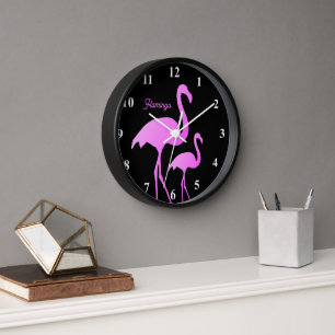 Neonrosa Flamingo Wanduhr mit individuelle Name