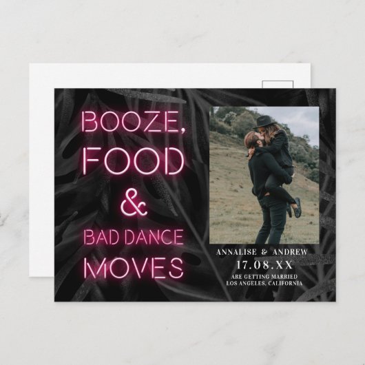 Neonrosa lässiges Palmenblatt Save the Date Foto Postkarte (Vorne/Hinten)