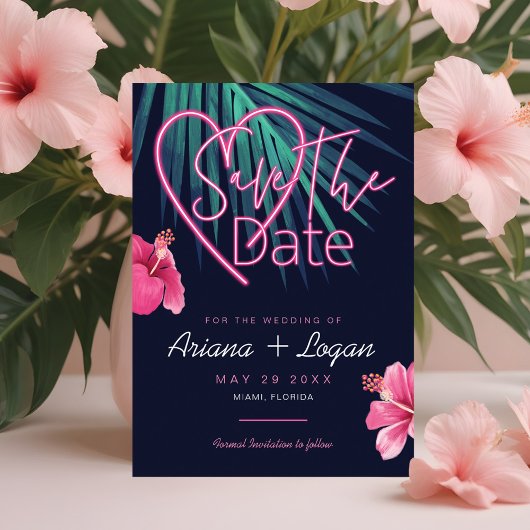 Neonrosa Liebe, tropisches Retro Save The Date