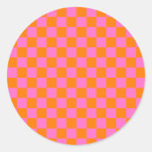 Neonrosa Orange Checkerboard Vintag Runder Aufkleber (Vorderseite)