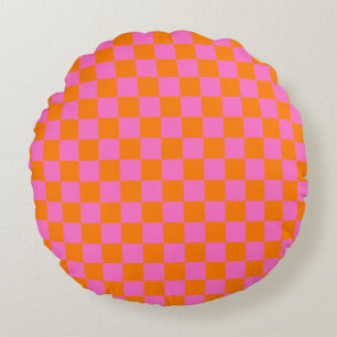 Neonrosa Orange Checkerboard Vintag Rundes Kissen