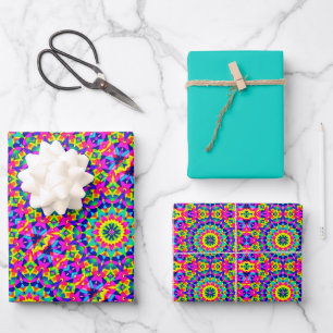 Neonrosa, orangefarbenes, grünes und gelbes Fliese Geschenkpapier Set