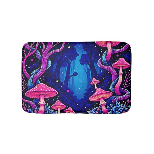 Neonrosa Pilzwald Kunst Badematte (Vorderseite)