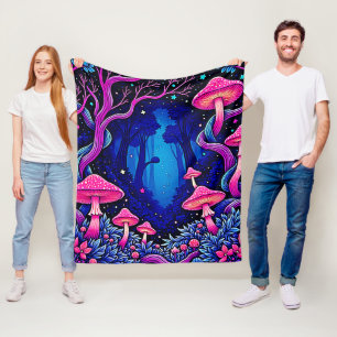 Neonrosa Pilzwald Kunst Fleecedecke