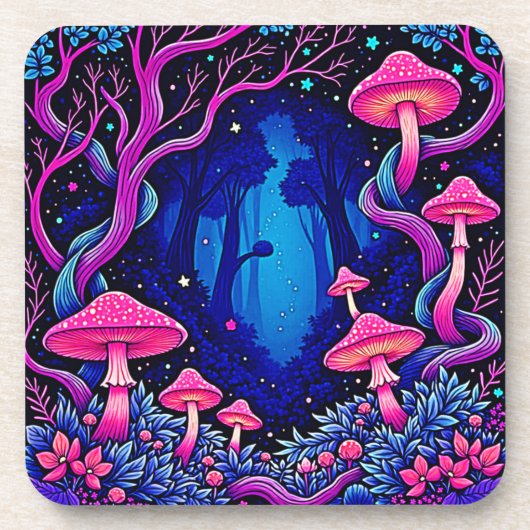Neonrosa Pilzwald Kunst Getränkeuntersetzer (Vorderseite)