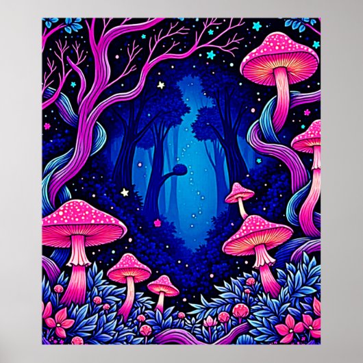 Neonrosa Pilzwald Kunst Poster (Vorne)