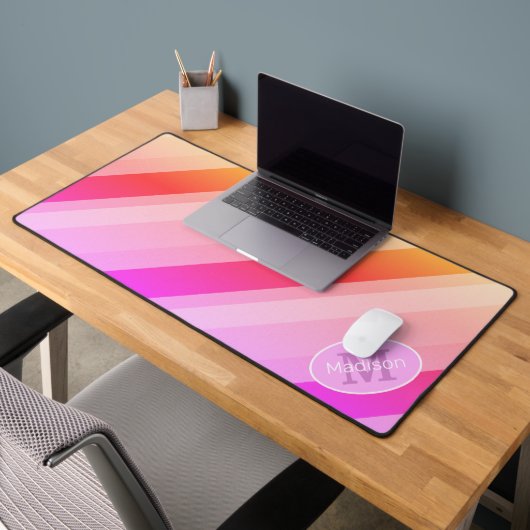 Neonrosa Rosa Retro geometrische Linien Monogramm Schreibtischunterlage (Büro 2)