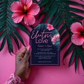 Neonrosa, tropische Retro-Hochzeit mit elektrische Einladung