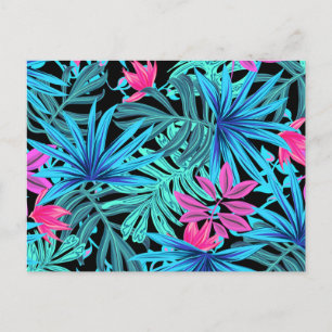 Neonrosa und blaues tropisches Pflanzenmuster Postkarte