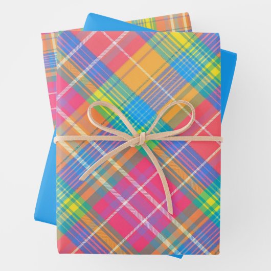 Neonrosa, Zitronengrün, Blau, Orange und Gelb Kari Geschenkpapier Set (Beispiel)