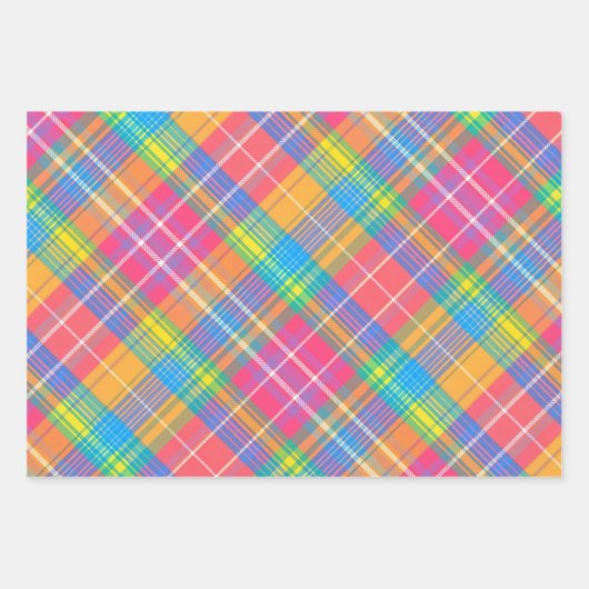 Neonrosa, Zitronengrün, Blau, Orange und Gelb Kari Geschenkpapier Set (Vorderseite)
