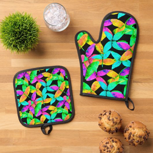 Neonscape Leaf Muster Ofenhandschuh & Topflappen-Set (Oben Unten)