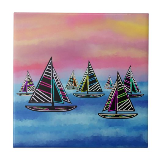 Neonsegelboote in der Sun-Keramik-Fliese Fliese (Vorderseite)