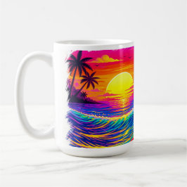 Neonskelett surft auf farbenfrohem Sonnenuntergang Kaffeetasse