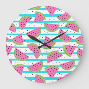 Neonwassermelone auf Streifen-Muster Große Wanduhr