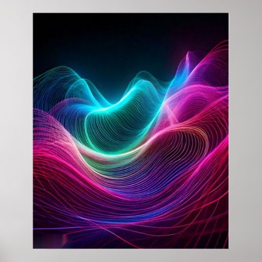 Neonwellen auf dunkler abstrakter Digitalkunst Poster (Vorne)