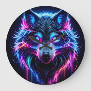 Neonwolf Leuchtende Augen Cyberpunk Zukunftstier Große Wanduhr