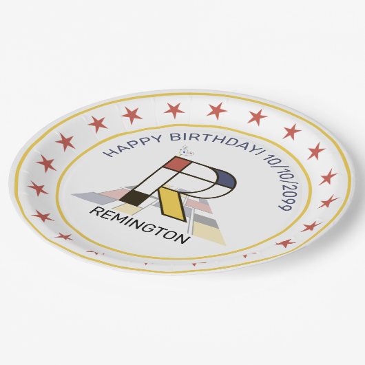 Neoplastik Art Elegant Monogram. Buchstabe R Pappteller (Schrägansicht)