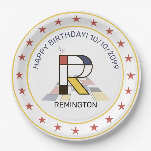 Neoplastik Art Elegant Monogram. Buchstabe R Pappteller (Vorderseite)