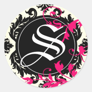 Neopolitan Damask Monogram "S" schwarz/weiß/fuschi Runder Aufkleber