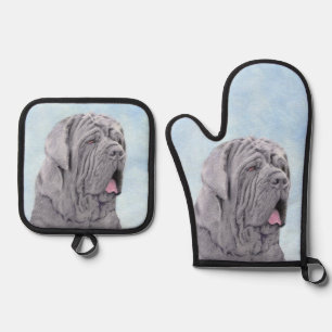 Neopolitan Mastiff Gemälde Grau Original Dog Art Ofenhandschuh & Topflappen-Set