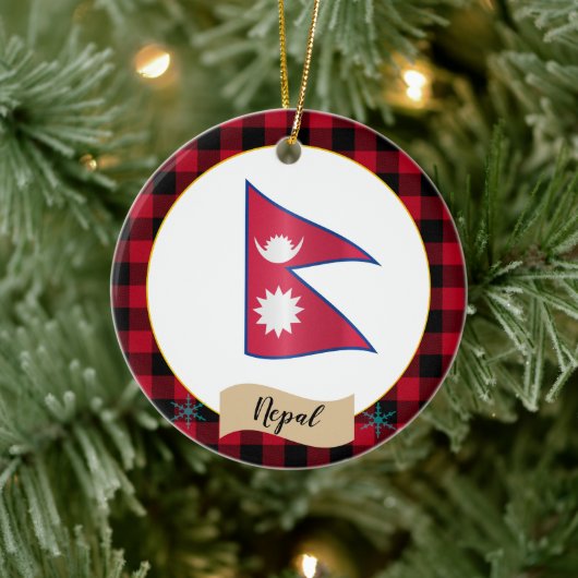 Nepal, Roter Büffel kariert & nepalesische Flagge Keramik Ornament (Baum)