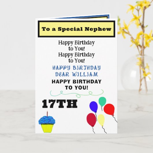 Nephew Birthday Balloons Blue Cupcake NAME Karte (Gelbe Blume)